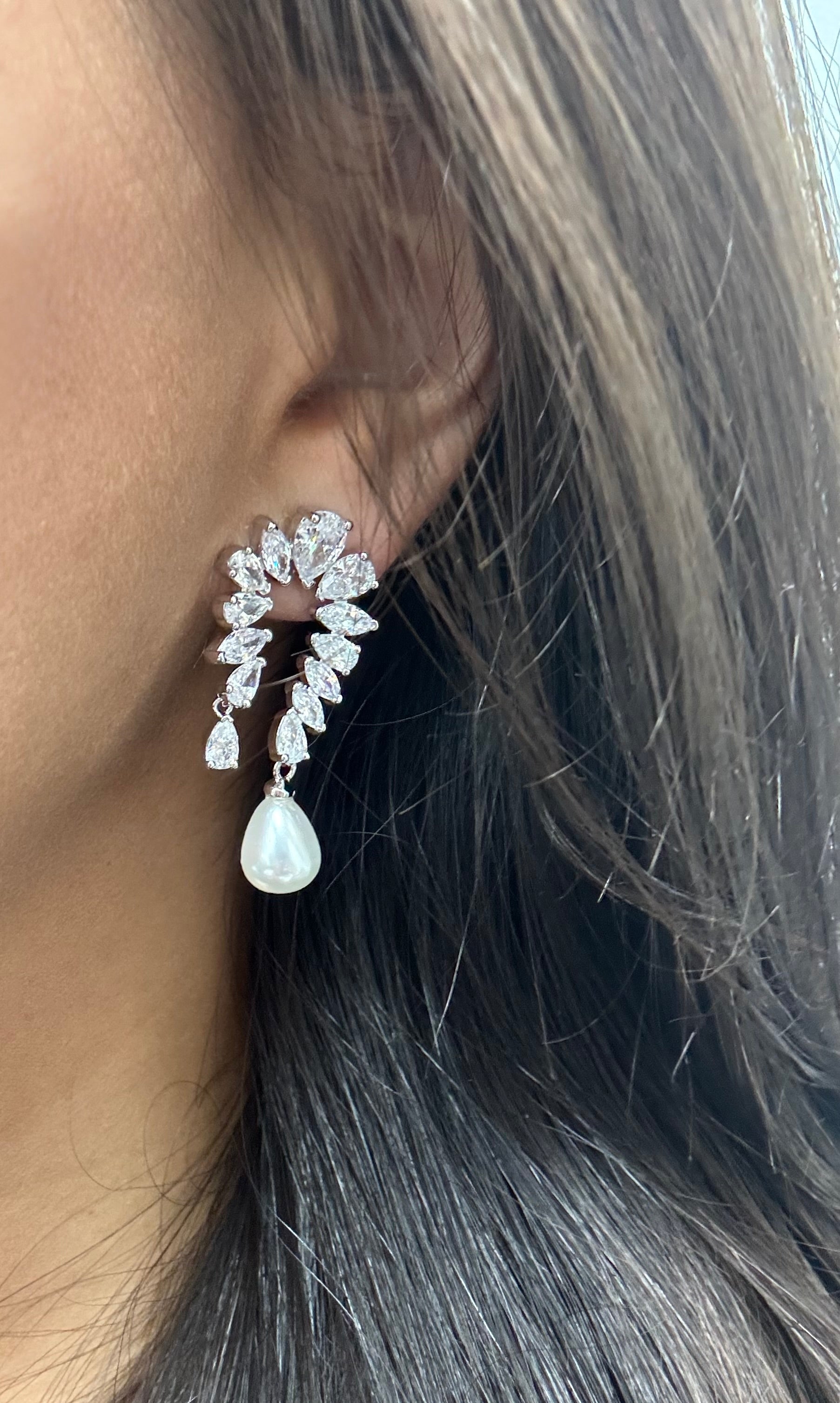 CELESTE - Simulated diamonds and Pearls Long Earrings