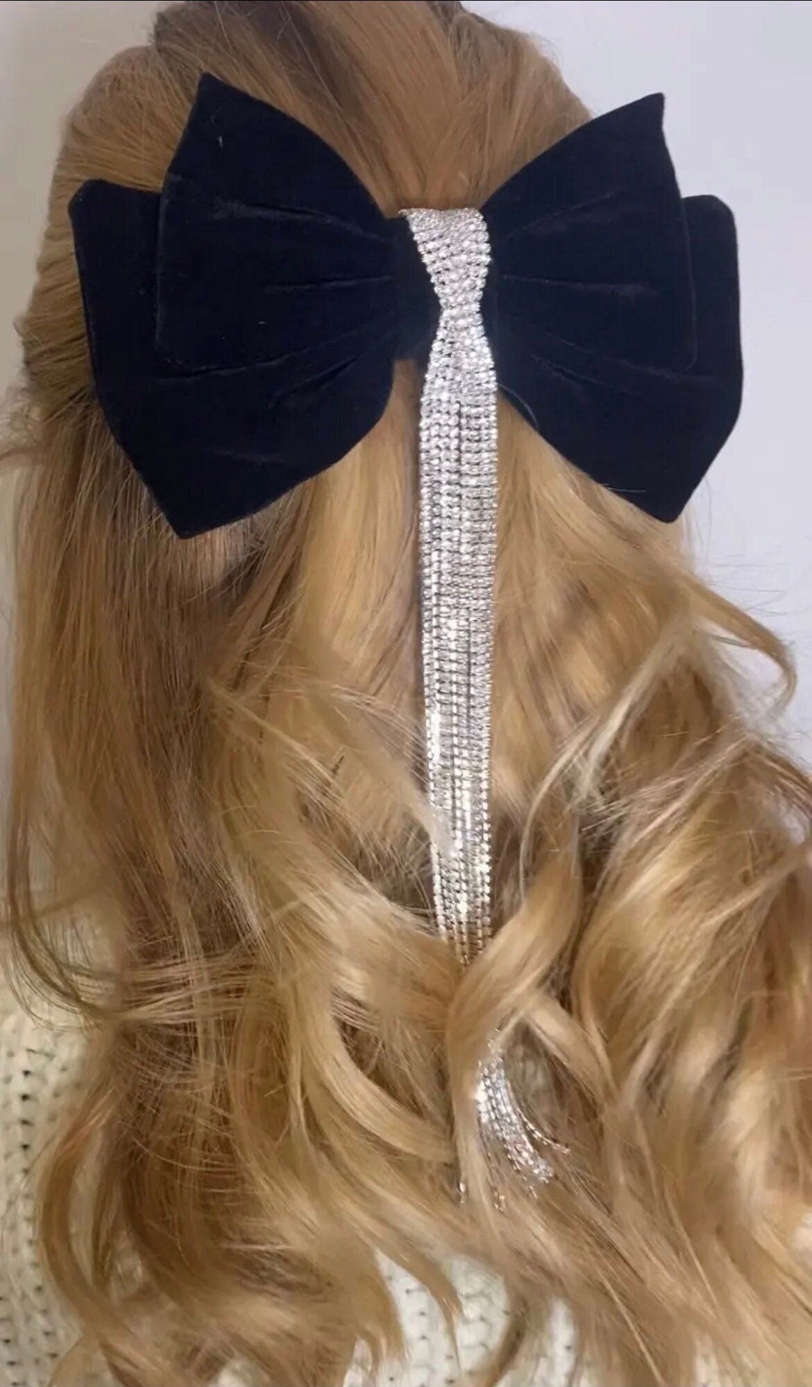 LELE - Black Velvet Hair Bow With Long Rhinestone Tassels